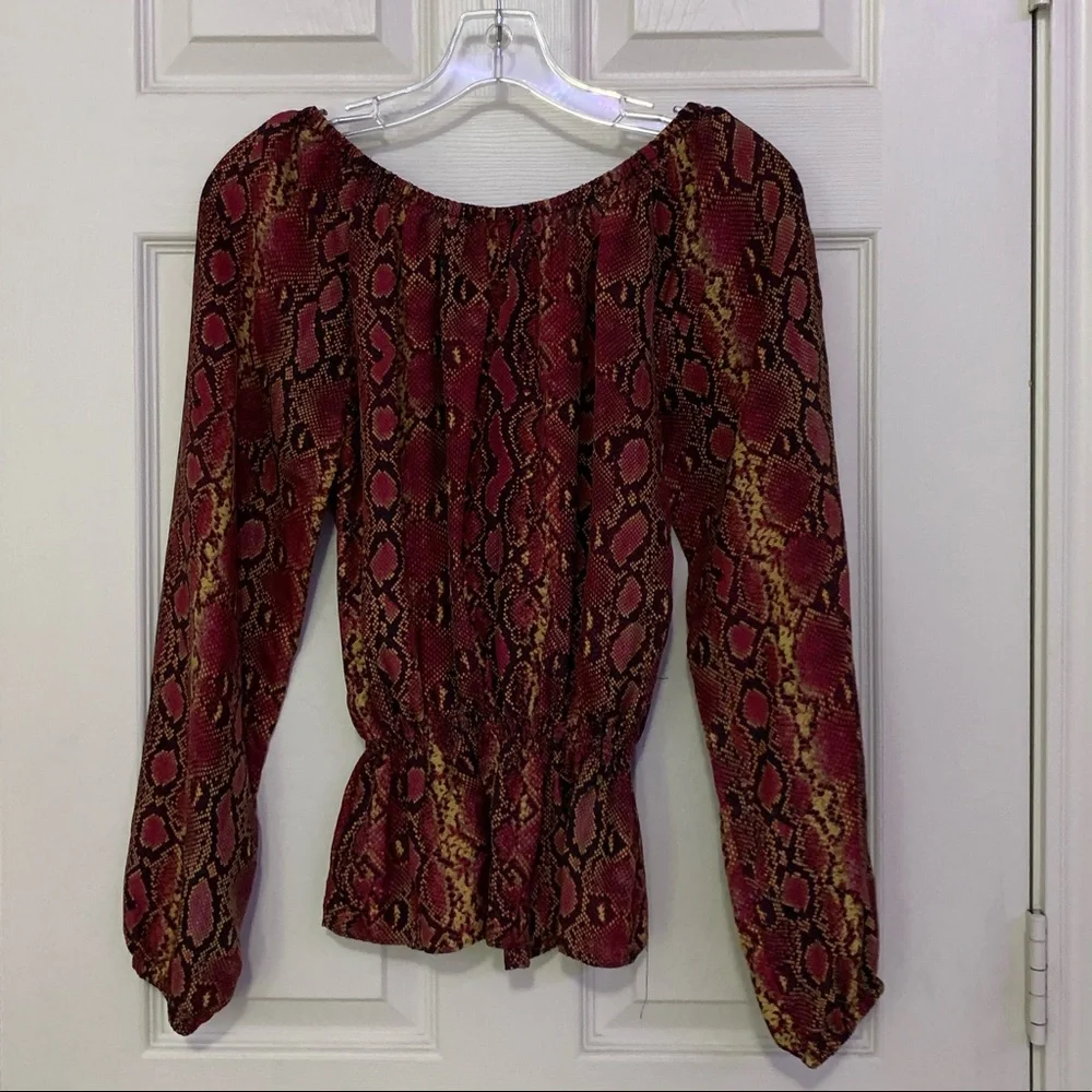 Michael Kors burgundy & blacks skin print peplum silk top Size XS